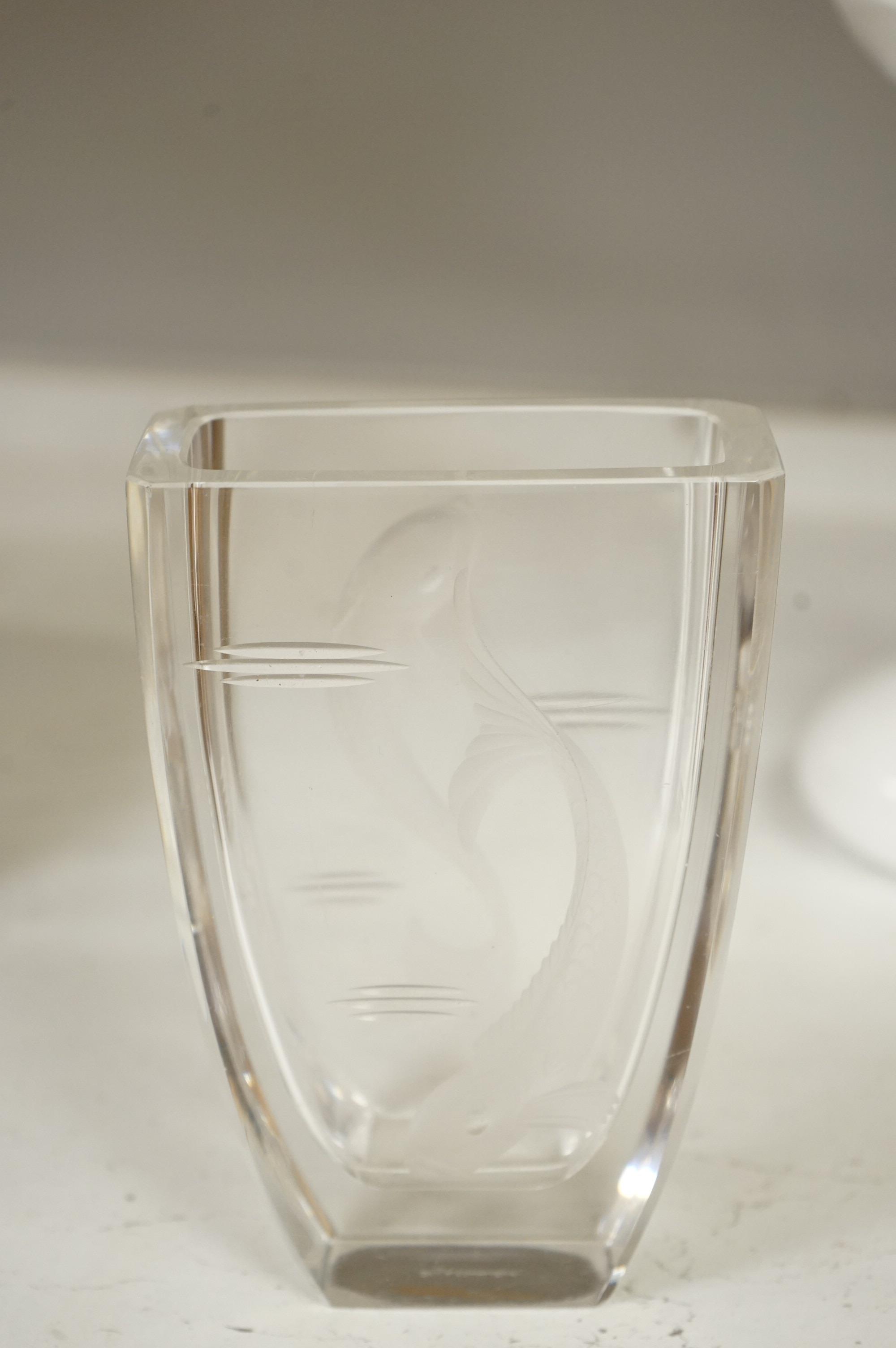 A collection of studio glass, including two glass aquarium ornaments, a pair of Langham dolphins, a Scandinavian fish vase and a smaller vase, largest 34cm high (6)